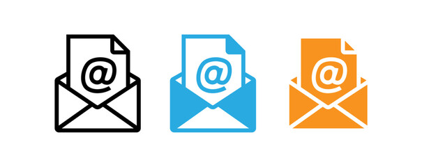 Simple, modern email icons in three different colors (black, blue, and orange) for digital communication.