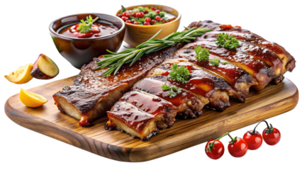 Grilled ribs with barbecue sauce, cherry tomatoes, herbs, and lemon wedges on a wooden board, perfect for a summer barbecue or family gathering isolated on transparent background