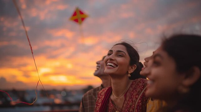 Happy Indian Family Flying Kite at Sunset Festival