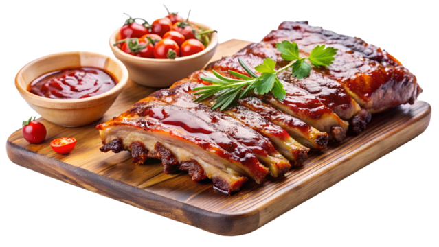 Delicious grilled ribs with barbecue sauce, cherry tomatoes, and fresh herbs on a wooden board, perfect for a summer barbecue or family gathering isolated on transparent background