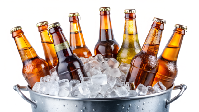 Chilled beer bottles in ice bucket, isolated on transparent background perfect for summer gatherings and celebrations with friends