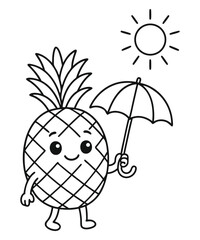 A black and white pineapple illustration line art of a coloring page