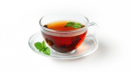 Glass cup of tea with mint on white background