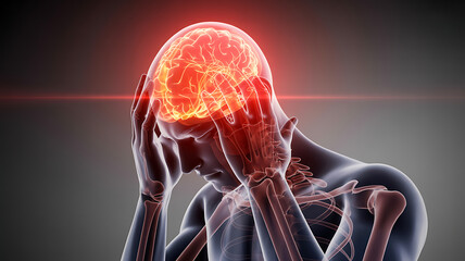 Man holding his head in pain, with a glowing brain representing headache or migraine pain medical technology