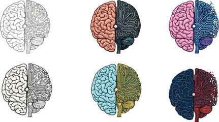Artificial Intelligence Brain Vector Illustration Showing Human Mind and Circuit Board Connection with Colorful Conceptual Design Elements