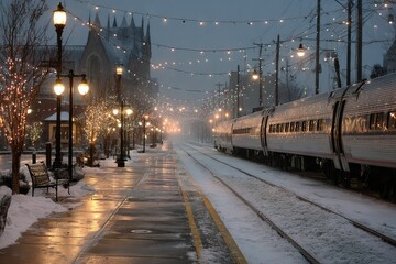 Snowy train station decorated with holiday