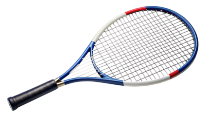Tennis racket isolated on transparent background blue, white and red sports equipment for playing tennis closeup of a racket with strings on a white backdrop