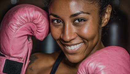 Smiling Black Woman Wearing Pink Boxing Gloves in Gym, Close-Up of Face and Upper Body