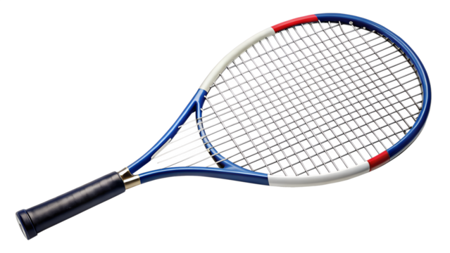 Tennis racket isolated on transparent background blue, white and red sports equipment for playing tennis closeup of a racket with strings on a white backdrop