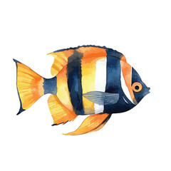 Watercolor Illustration of a Colorful Striped Fish with Orange and Blue Hues