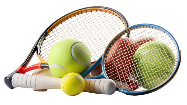 Close up of sport equipment including tennis rackets, tennis balls, and football isolated on transparent background