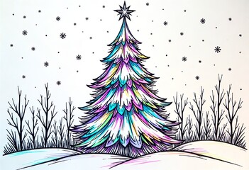 A modern Christmas tree illustration, abstract design, formatted as a coloring page, with geometric shapes and patterns, black and white.