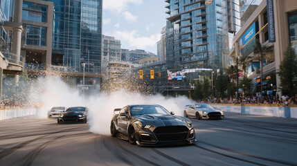 Obraz premium Groups of racers perform burnouts in a vacant lot with rubber smoking crowds circling cameras recording and sparks flying from undercarriages captured in a explosive photo with
