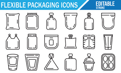 Set of flexible packaging icons in editable stroke style, including pouches, sachets, bottles, bags, containers, wrappers, and food packaging illustrations for retail, product, and commercial design u