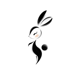 Minimalistic black rabbit silhouette in a modern flat icon style, made with an emphasis on purity and simplicity of form. The image is distinguished by clear contours, strict geometry and a unique fee