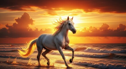Majestic white horse galloping on a beach at sunset