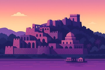 Flat vector illustration of the majestic Golconda Fort in Hyderabad, showing its historic ruined walls, stepped architecture, and a panoramic view of the city.