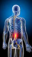 3d rendering of human skeleton with back pain, highlighting the spinal nerves and lumbar region inflammation medical technology
