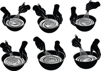 Hand silhouettes whisking ingredients in bowl, black and white cooking vector, kitchen utensils, mixing food concept, baking preparation scene.