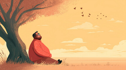 Man relaxing under a tree while watching birds in the evening sky