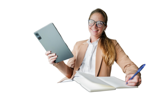 Woman holds tablet and writes in notebook at the office