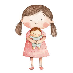 Watercolor Illustration of a Girl Hugging a Baby Doll