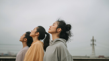 Three people practicing mindfulness and relaxation outdoors on a cloudy day
