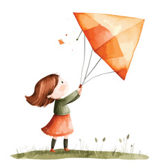 Watercolor Illustration of a Girl Joyfully Flying a Kite on a Sunny Day