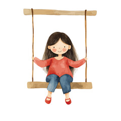 Watercolor Illustration of a Girl on a Wooden Swing