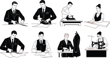 Professional Tailors and Seamstresses Working with Fabric, Cutting, Ironing, and Sewing — Fashion Design and Garment Making Vector