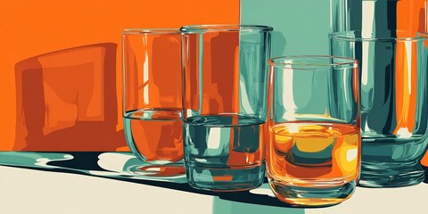 Stylized illustration of transparent glassware casting colorful reflections on an abstract orange and teal background