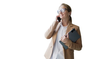 Young professional woman conversing on cellphone while holding a tablet