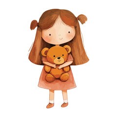 Watercolor Illustration of a Girl Tenderly Hugging a Teddy Bear