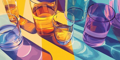 Artistic illustration of colorful transparent glassware casting vivid reflections and shadows on a geometric surface