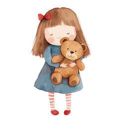 Watercolor Illustration of a Girl Tenderly Hugging her Brown Teddy Bear