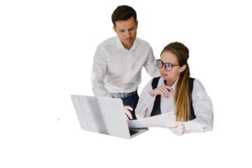 Discussing project together on a laptop in Office