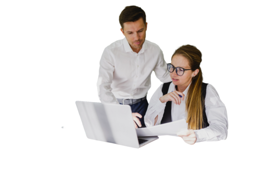 Discussing project together on a laptop in Office - Powered by Adobe