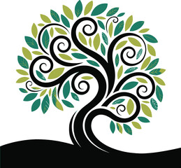 Stylized abstract tree with swirling branches and vibrant green leaves, modern vector art for nature and eco design.