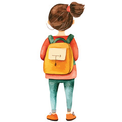 Watercolor illustration of a girl with a ponytail and a backpack viewed from behind