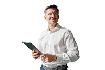 Man in white shirt uses tablet and looks upward with a smile