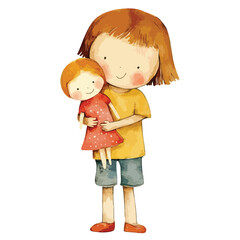 Watercolor Illustration of a Girl with Auburn Hair Hugging a RedDressed Doll