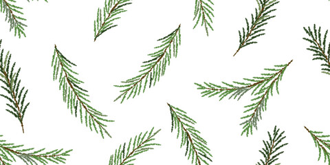 Seamless vector pattern of green pine and fir branches on white background for holiday cards, wrapping, invitations, festive designs, seasonal decorations, scrapbooking, packaging, Christmas wallpaper