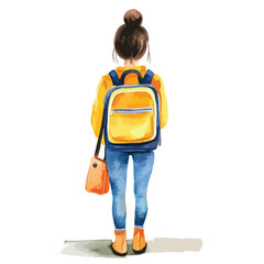 Watercolor Illustration of a Girl with Backpack and Bag Facing Away
