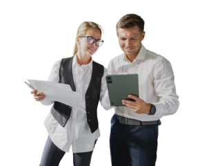 Business colleagues review paperwork and a digital tablet together