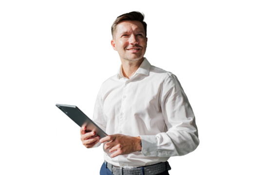 Man in white shirt uses tablet and looks upward with a smile