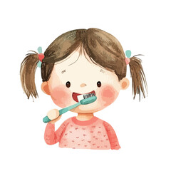 Watercolor Illustration of a Girl with Pigtails Brushing Her Teeth