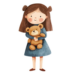 Watercolor Illustration of a Girl with Pigtails Holding a Teddy Bear