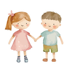 Watercolor Illustration of a Girl with Ponytail and Boy Holding Hands