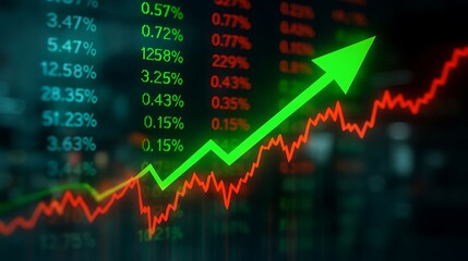 Bullish Stock Market Trading Chart with Green Upward Arrow and Red Graph Line on Financial Data Screen.
