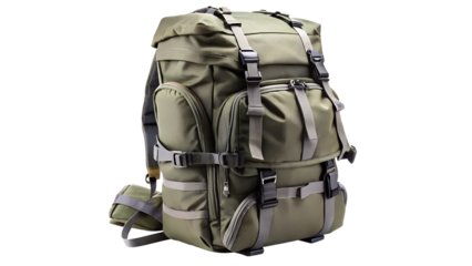 Olive green hiking backpack isolated on transparent background, perfect for outdoor adventures and travel, featuring multiple compartments and adjustable straps